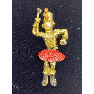 Vintage Gold-Tone Drum Majorette Brooch Pin With Pearl Face Red Skirt & Black Bo